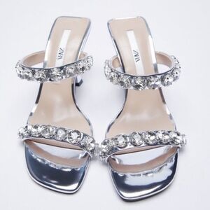 Zara Metallic Silver Heel Sandal with Rhinestone